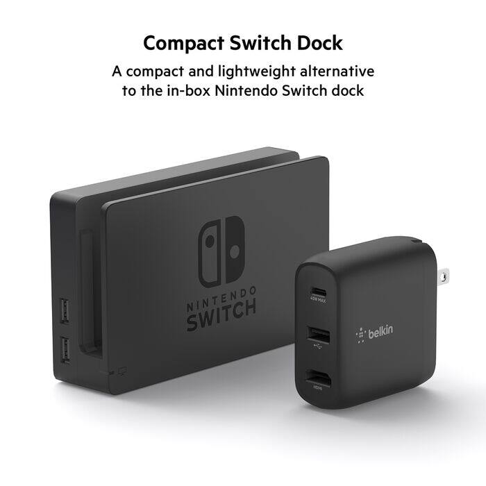 Compact Switch Dock  
A compact and lightweight alternative to the in-box Nintendo Switch dock  

NINTENDO SWITCH  
ATW SW MAX  
belkin  
HOM