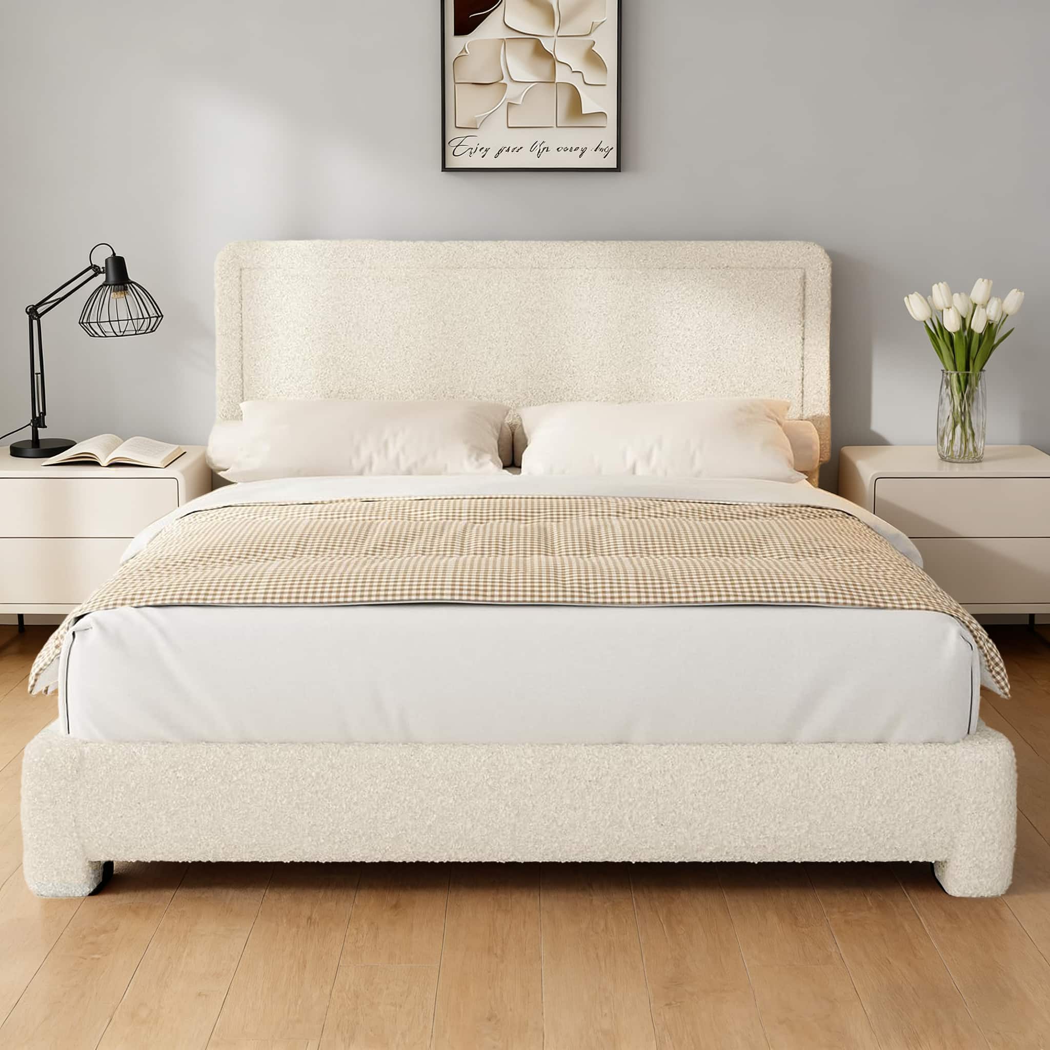 Vipbear - Queen Size Upholstered Bed Frame with Adjustable Headboard, Soft Rounded Corners, No Box Spring Required, Easy Assembly - Beige