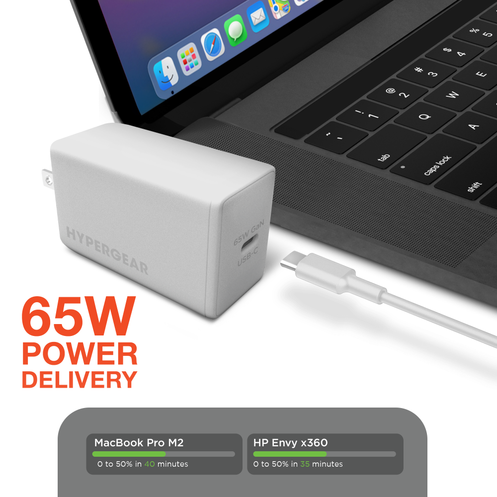I 2 : 2 5 6 4 # 3 E @ 2 3 . - 1 Q A HYPERGEAR 65W POWER DELIVERY GaN 65W USB-C tab lock caps shift MacBook Pro M2 HP Envy x360 O to 50% in 40 minutes O to 50% in 35 minutes