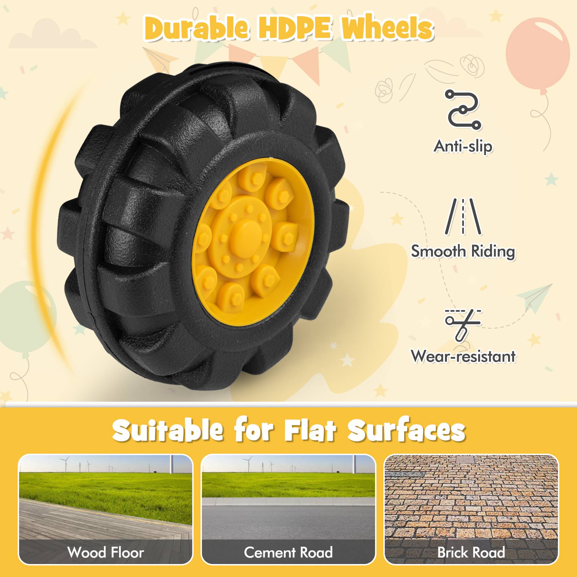 Durable HDPE wheels: Anti-slip, Smooth Riding, Wear-resistant. Suitable for Flat Surfaces: Wood Floor, Cement Road, Brick Road.