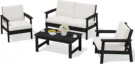 SERWALL - HDPE Outdoor Furniture Set, 4 Piece Outdoor Sofa Set, Havy-duty Weatherproof HDPE Frame with Wood-Like Texture - Black/Khaki