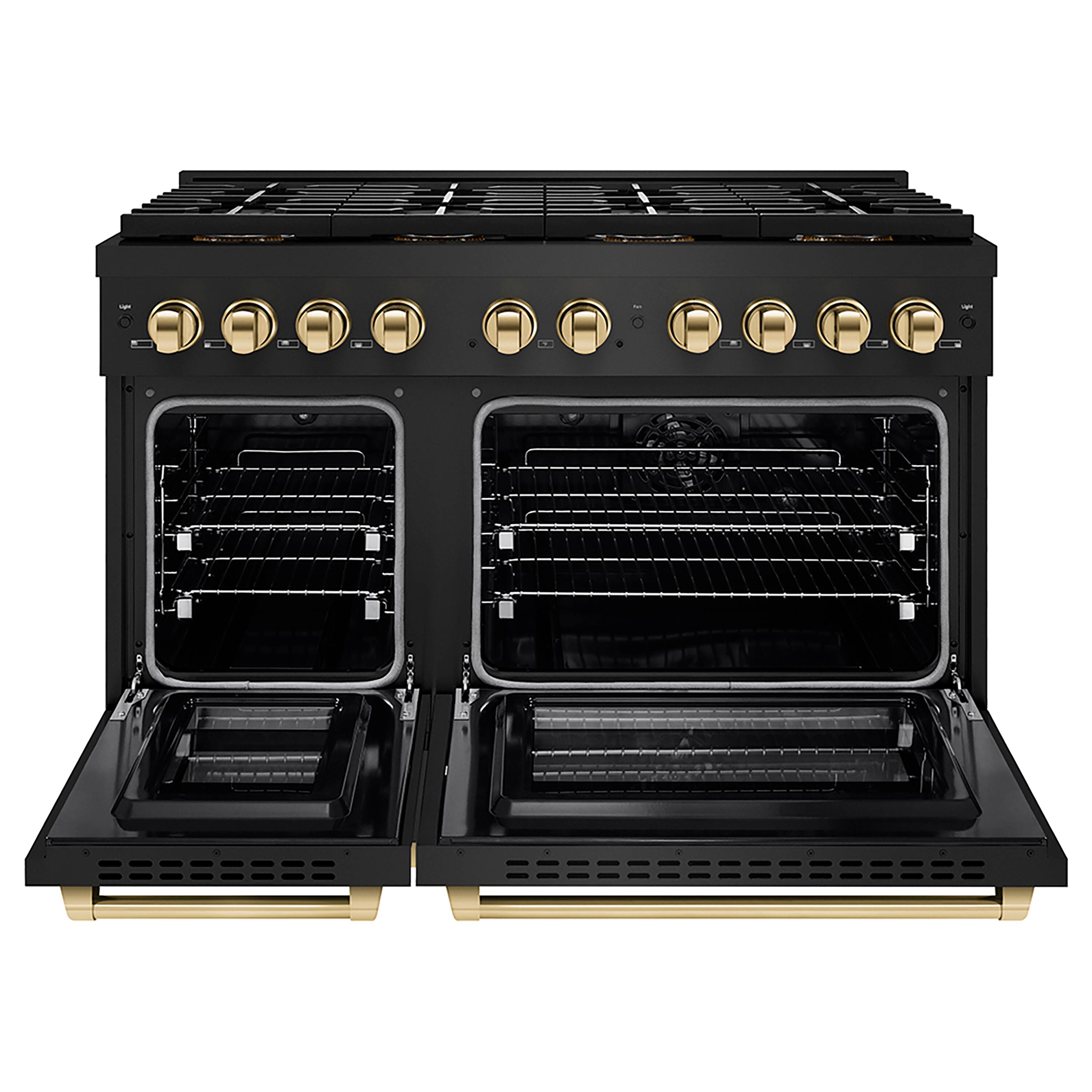 Angle. ZLINE - ZLINE Autograph 48 in. Black Stainless Paramount Dual Fuel Range w/ DuoPro Cooktop & Gold Accents (PSDRBZ-48-G) - Black Stainless Steel.