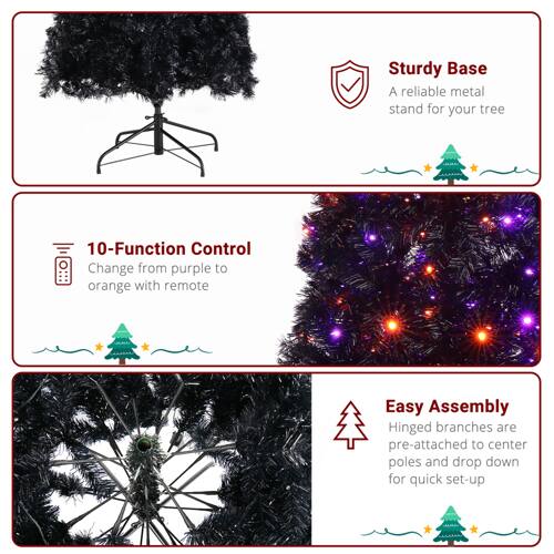 Sturdy Base  
A reliable metal stand for your tree  

10-Function Control  
Change from purple to orange with remote  

Easy Assembly  
Hinged branches are pre-attached to center poles and drop down for quick set-up