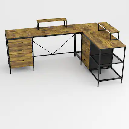 Front. Spaco - Spaco 114 Inch L-Shaped Gaming Desk, Industrial Power Outlets USB-C, 6 Fabric Drawers, 3 Open Shelves, for Home Office - Brown.