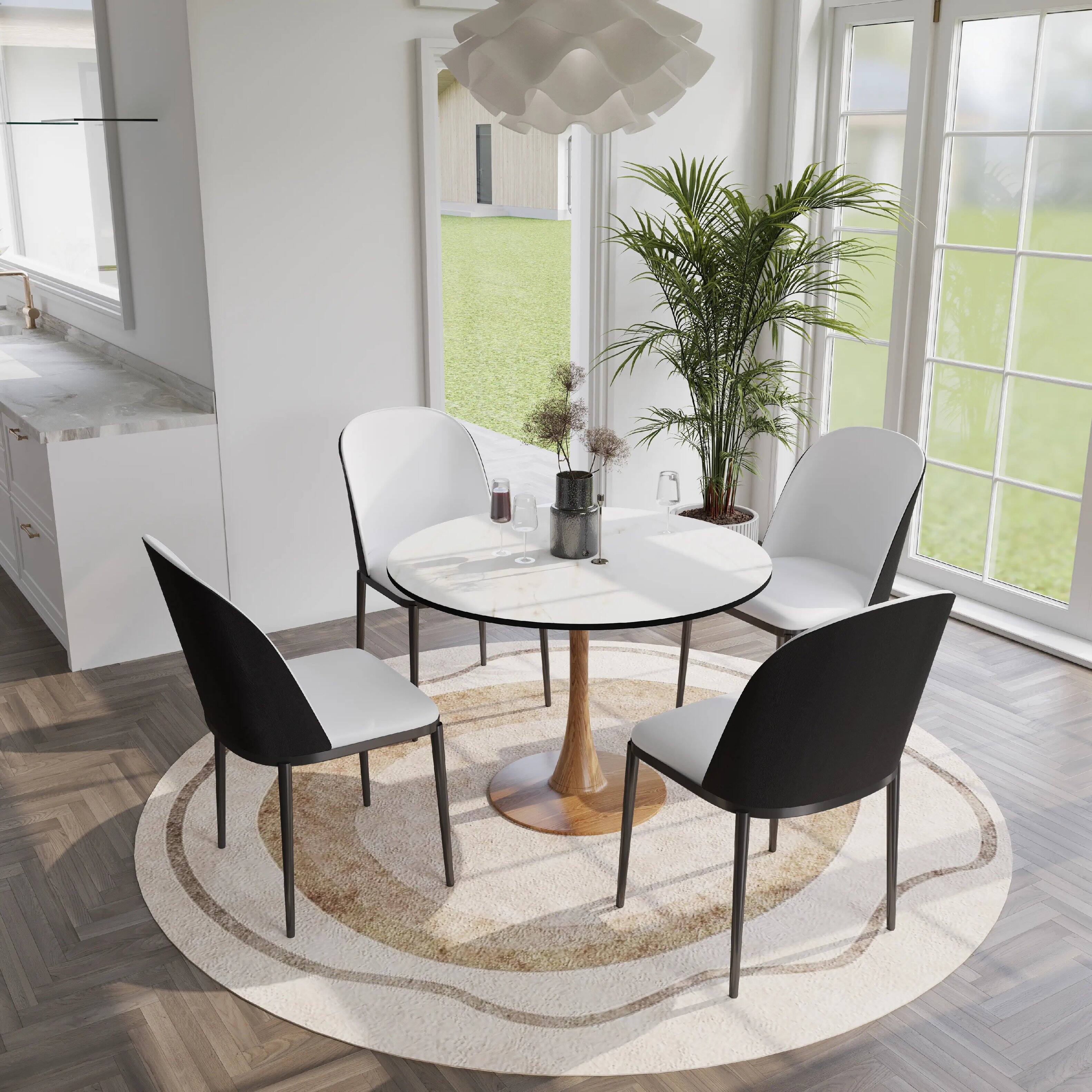 Left. LeisureMod - Bristol 31 in. Round Dining Table MDF Tabletop with Natural Wood Finish Pedestal Steel Base Modern Kitchen Accent Table - Black.