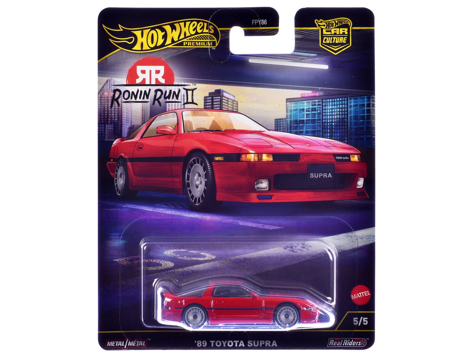 HOT WHEELS PREMIUM - RONIN RUN II FPY86  
HOT WHEELS CAR CULTURE  
CAPE TWIN trits SUPRA  
MATTEL 5/5  
I METAL METAL | METAL  
'89 TOYOTA SUPRA  
Real Riders