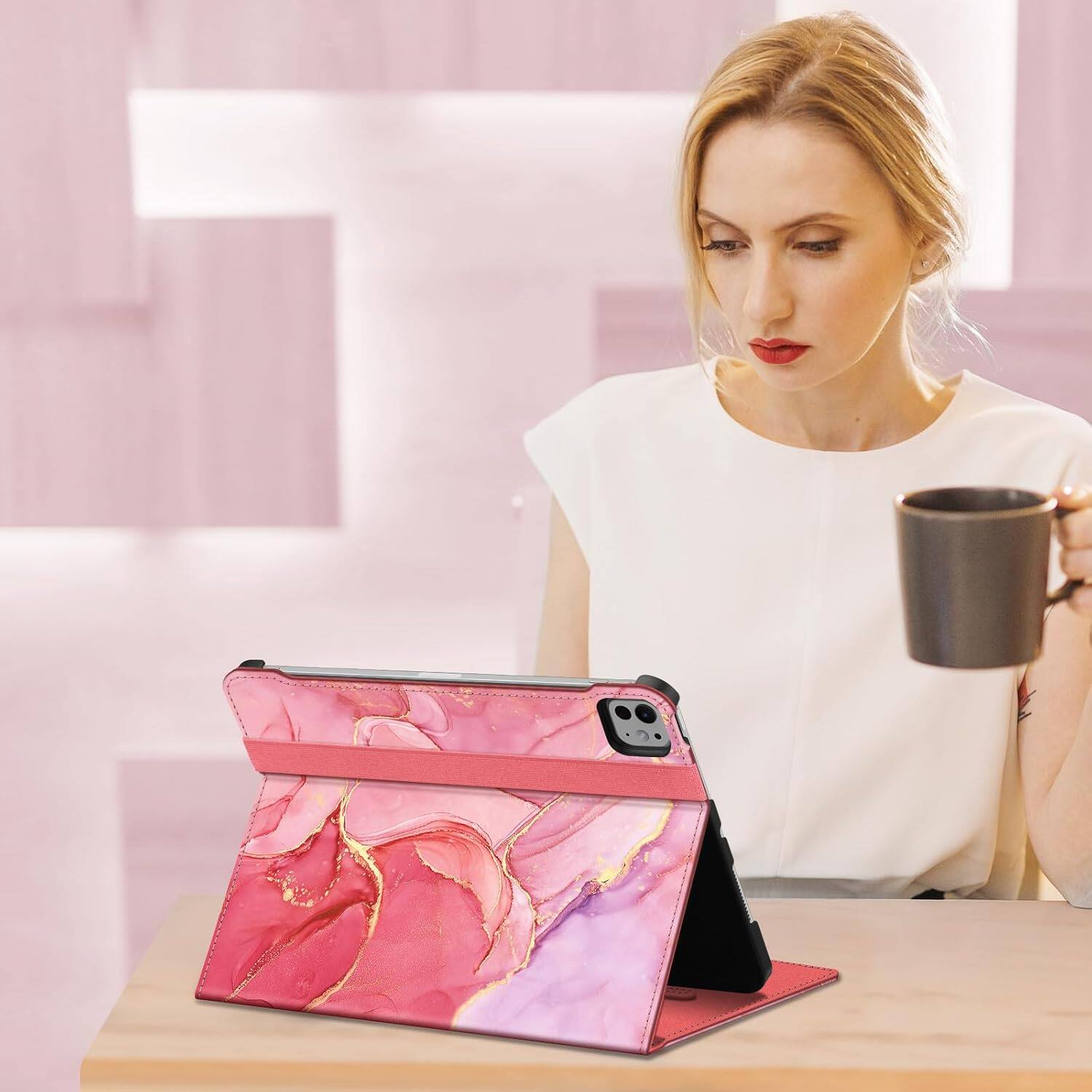 Left. Fintie - Case for iPad Pro 11-inch (M5) 2025 / (M4) 2024 Multi-Angle Viewing Folio Stand Protective Cover with Pocket - Marble Pink.