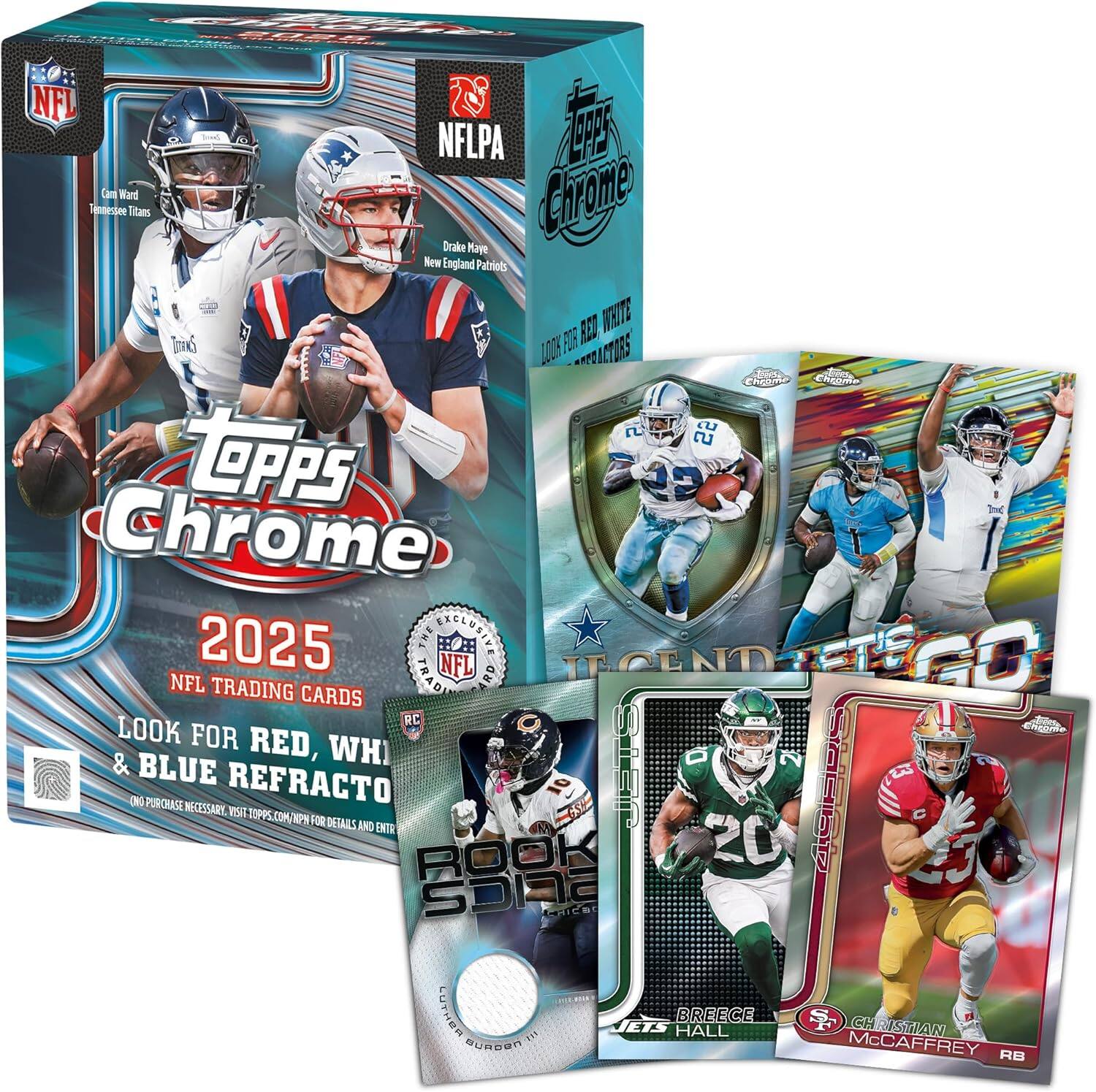 NFL NFLPA  
Topps Chrome  
2025  
NFL Trading Cards  
Look for Red, White & Blue Refractors  

Cm Ward  
Tennessee Titans  

Drake Maye  
New England Patriots  

Legend Jets Go  

Breece Hall  
Jets  

Christian McCaffrey  
RB  
San Francisco 49ers  

Topps.com/NFL for details and entry