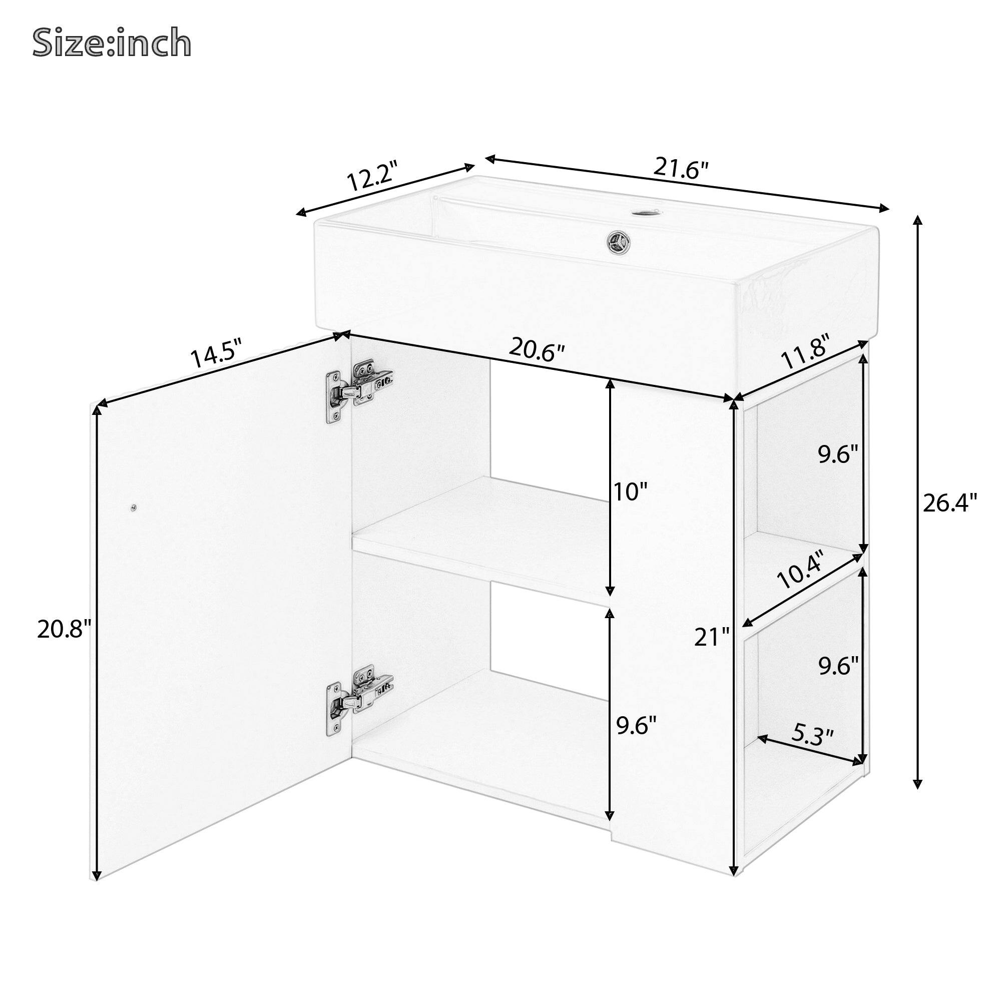 Size: inch

- 21.6"
- 12.2"
- 20.6"
- 11.8"
- 20.8"
- 14.5"
- 10"
- 21"
- 9.6"
- 10.4"
- 9.6"
- 26.4"
- 5.3"
