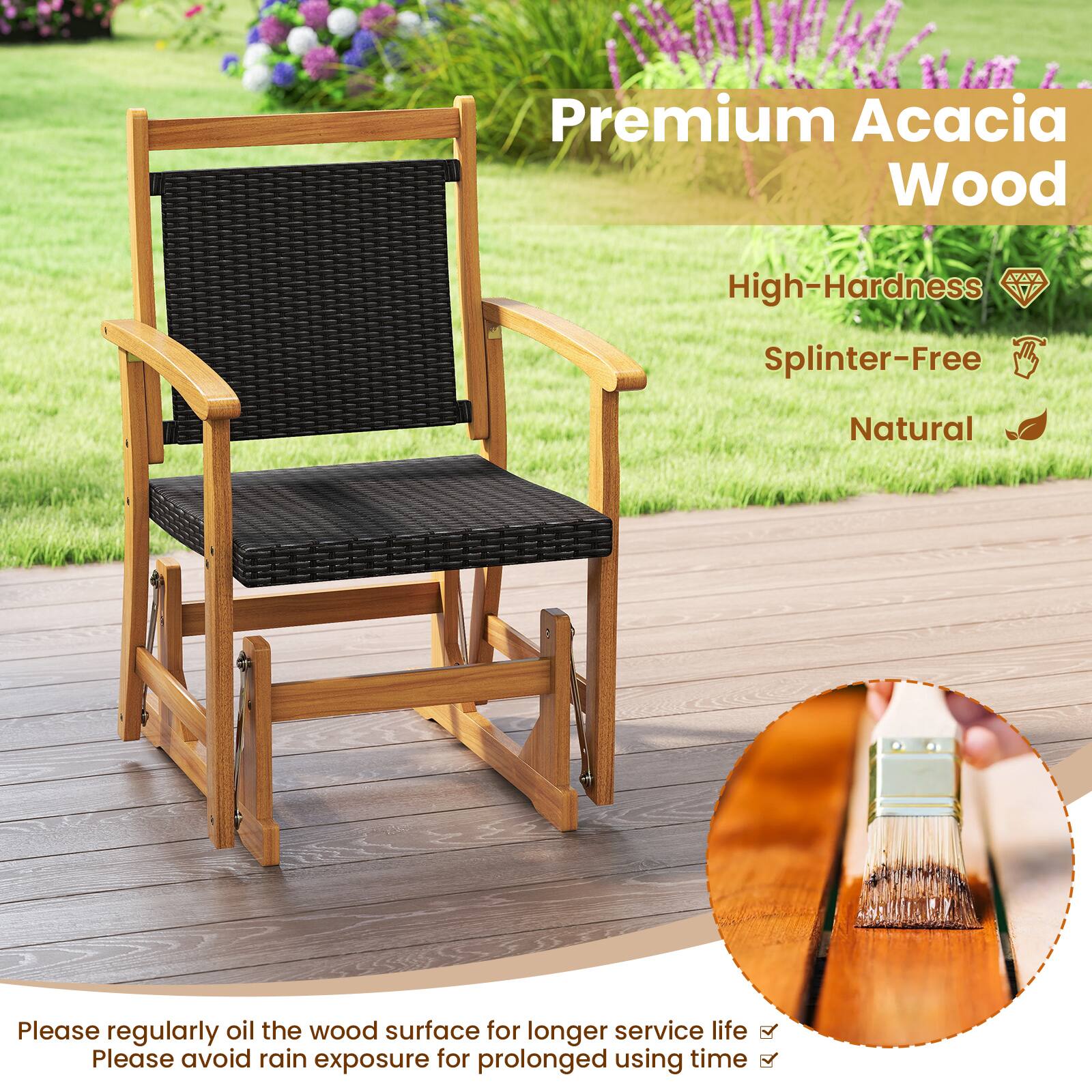 Premium Acacia Wood

High-Hardness  
Splinter-Free  
Natural

Please regularly oil the wood surface for longer service life  
Please avoid rain exposure for prolonged using time