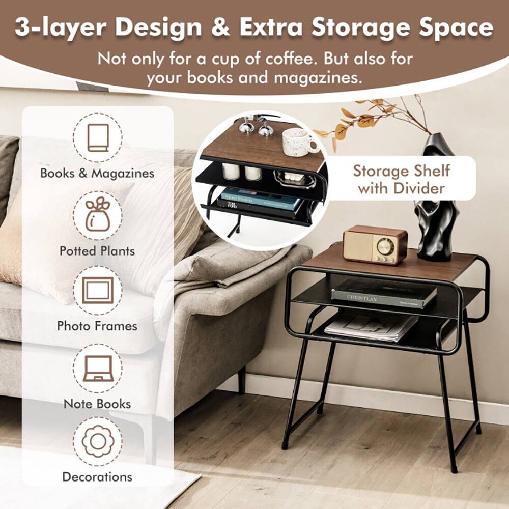 3-layer Design & Extra Storage Space  
Not only for a cup of coffee. But also for your books and magazines.  

Books & Magazines  
Potted Plants  
Photo Frames  
Note Books  
Decorations  

Storage Shelf with Divider