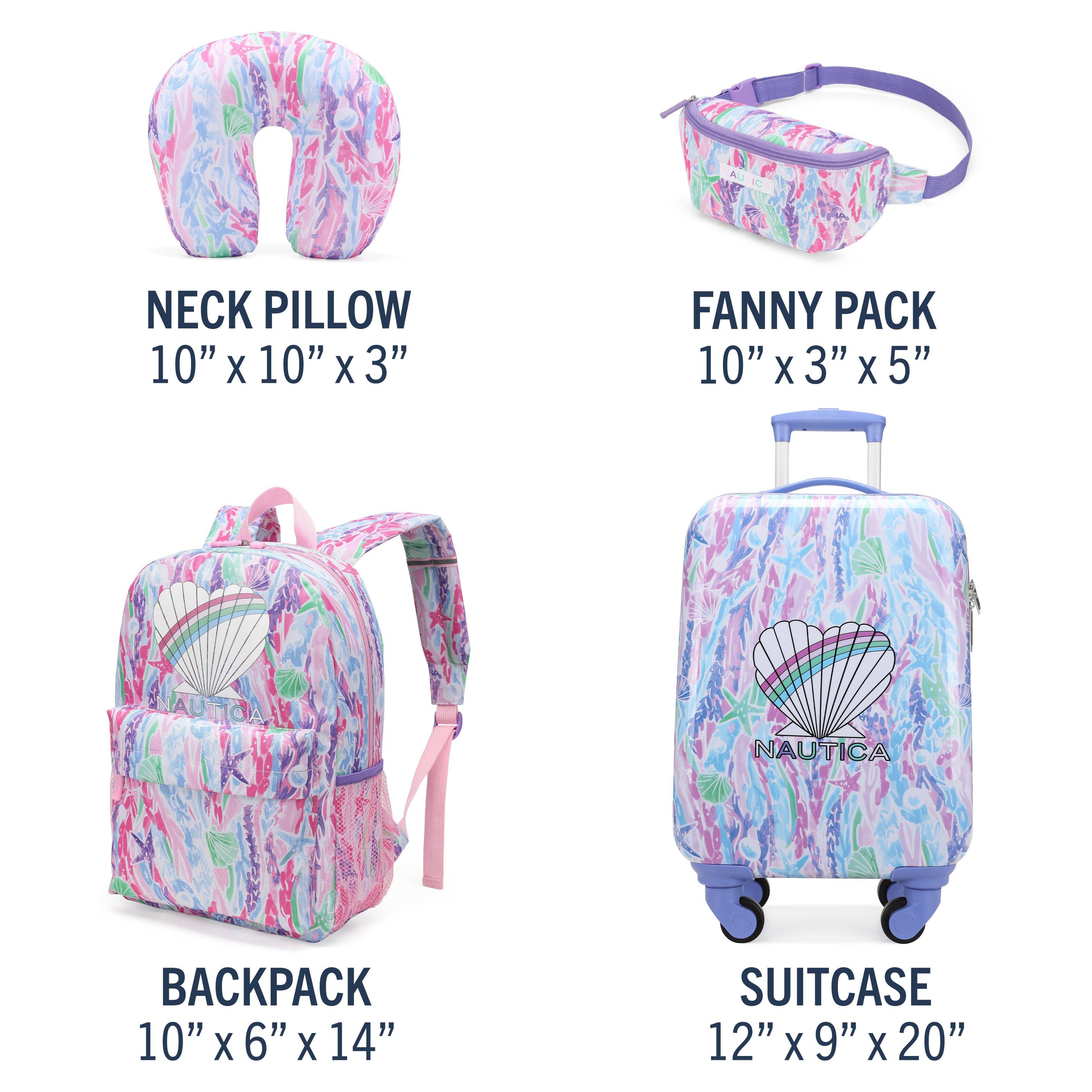NECK PILLOW  
10" x 10" x 3"  

FANNY PACK  
10" x 3" x 5"  

NAUTICA BACKPACK  
10" x 6" x 14"  

SUITCASE  
12" x 9" x 20"