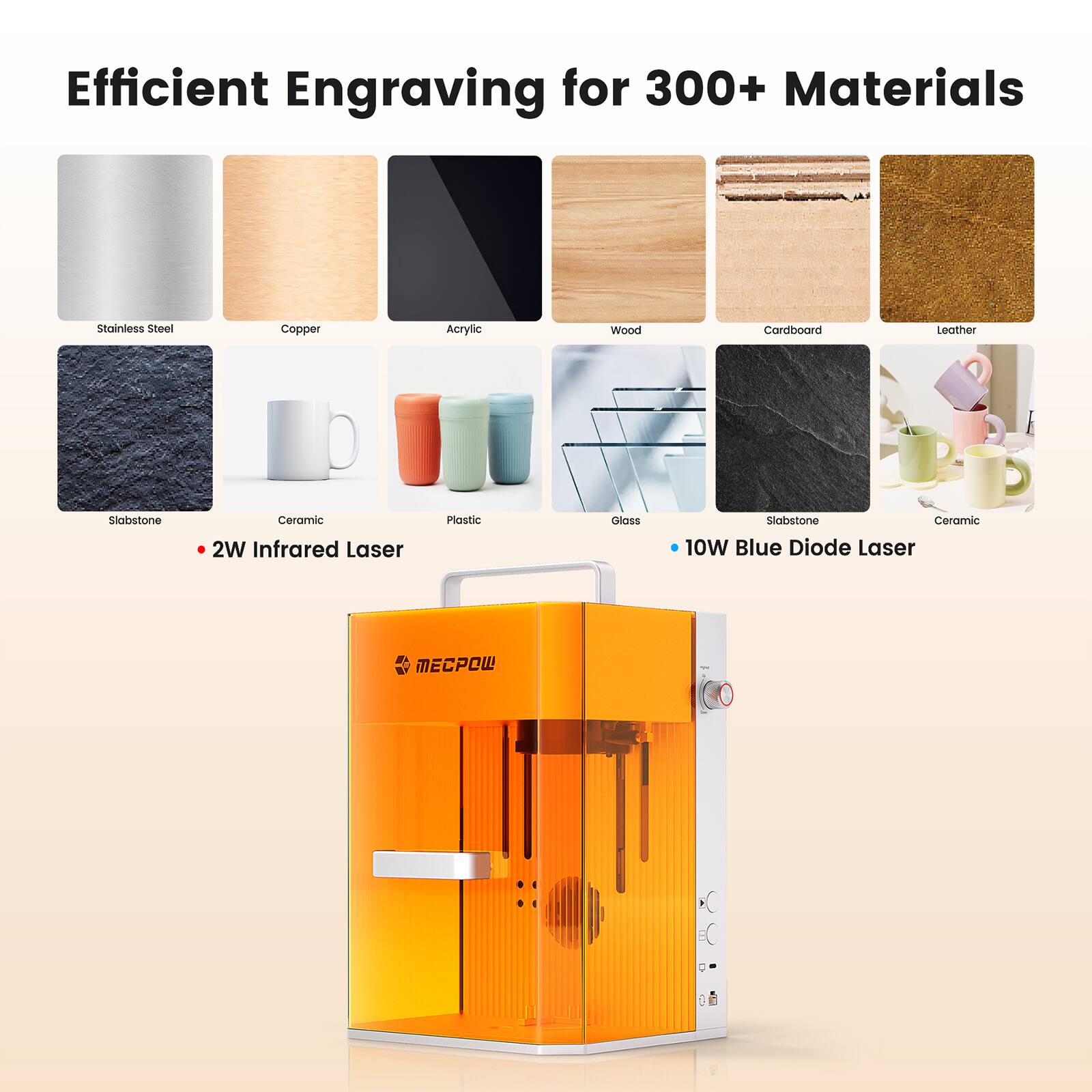 Efficient Engraving for 300+ Materials

- Stainless Steel
- Copper
- Acrylic
- Wood
- Cardboard
- Leather
- Slabstone
- Ceramic
- Plastic
- Glass
- Slabstone
- Ceramic

- 2W Infrared Laser
- 10W Blue Diode Laser

MECPOW