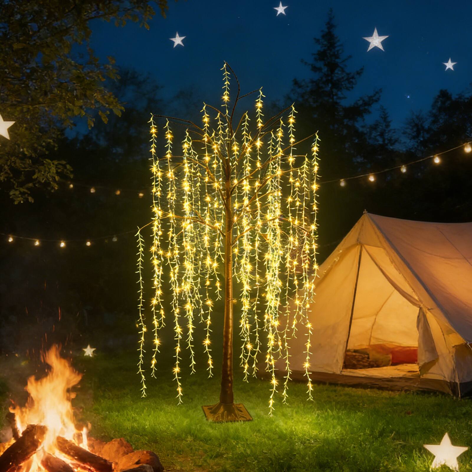 Alt View 1. Oumilen - 6ft Solar-Powered LED Weeping Willow Tree Light - Yellow.