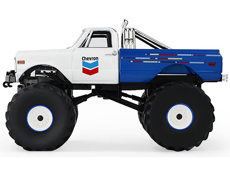 Alt View 2. Greenlight - 1972 Chevrolet K-10 Monster Truck "Chevron 150th Anniversary" White and Blue Metallic 1/43 Model Car by Greenlight.