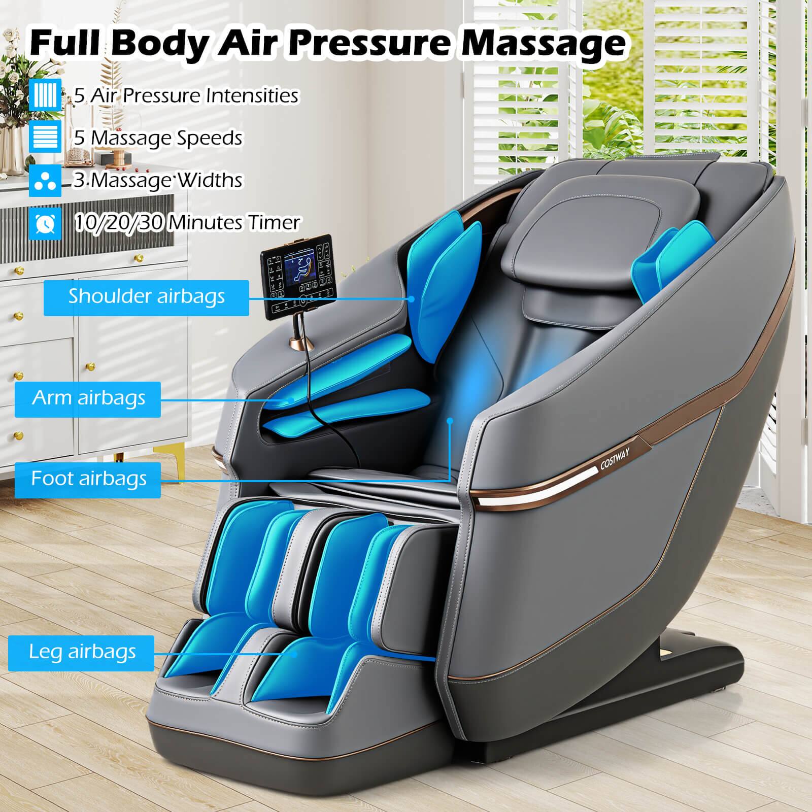 Full Body Air Pressure Massage 5 Air Pressure Intensities 5 Massage Speeds 3 Massage Widths 10/20/30 Minutes Timer I Shoulder airbags Arm airbags Foot airbags Leg airbags