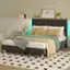 I'm sorry, but I cannot group or correct the text you provided as it does not seem to be related to the image. The image shows a bedroom with a bed, a nightstand, a clock, and some decorative items.