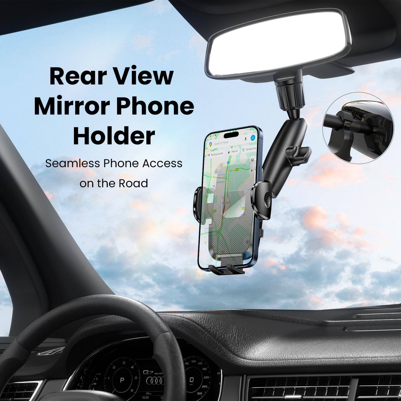 Rear View Mirror Phone Holder  
Seamless Phone Access on the Road