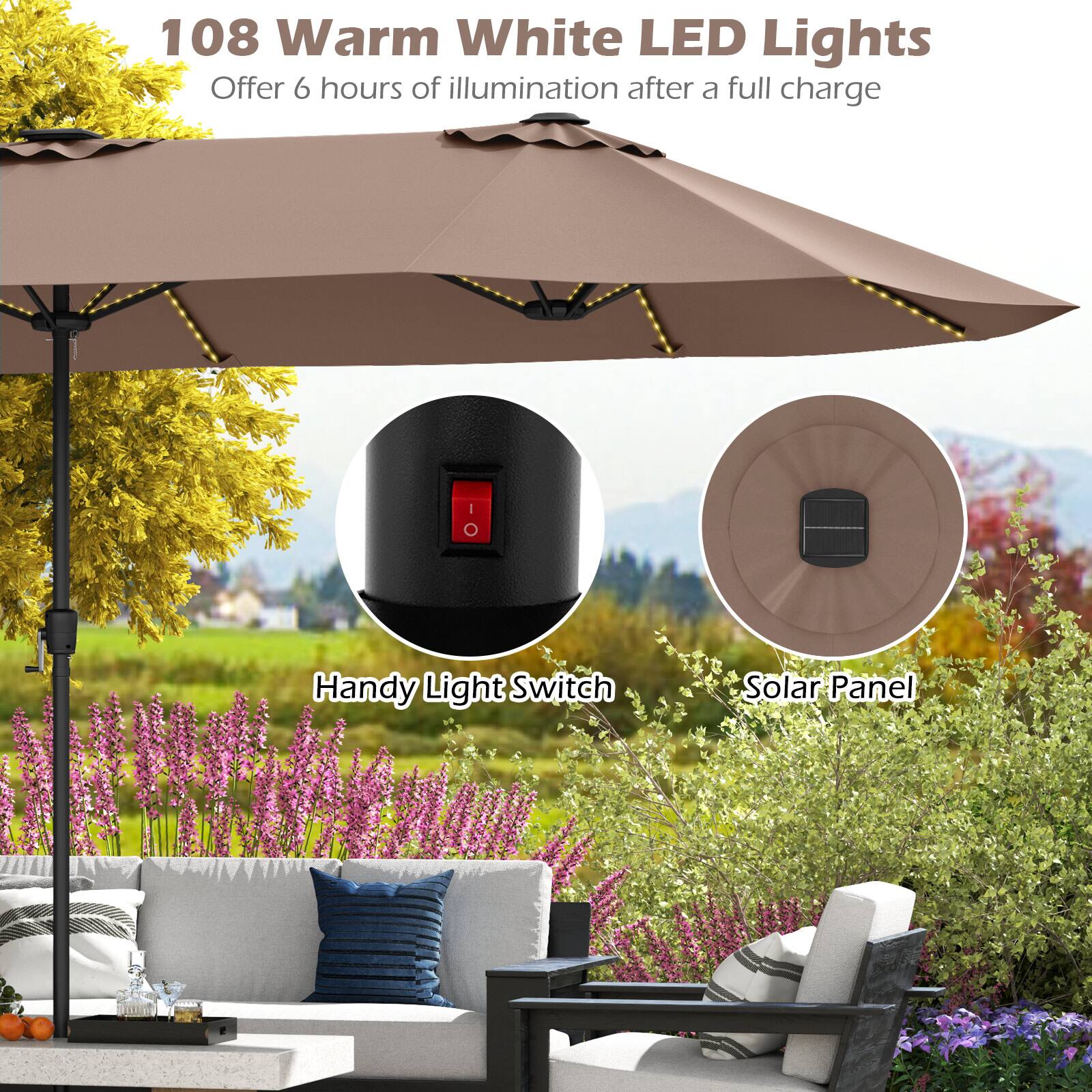 108 Warm White LED Lights
Offer 6 hours of illumination after a full charge
Handy Light Switch
Solar Panel