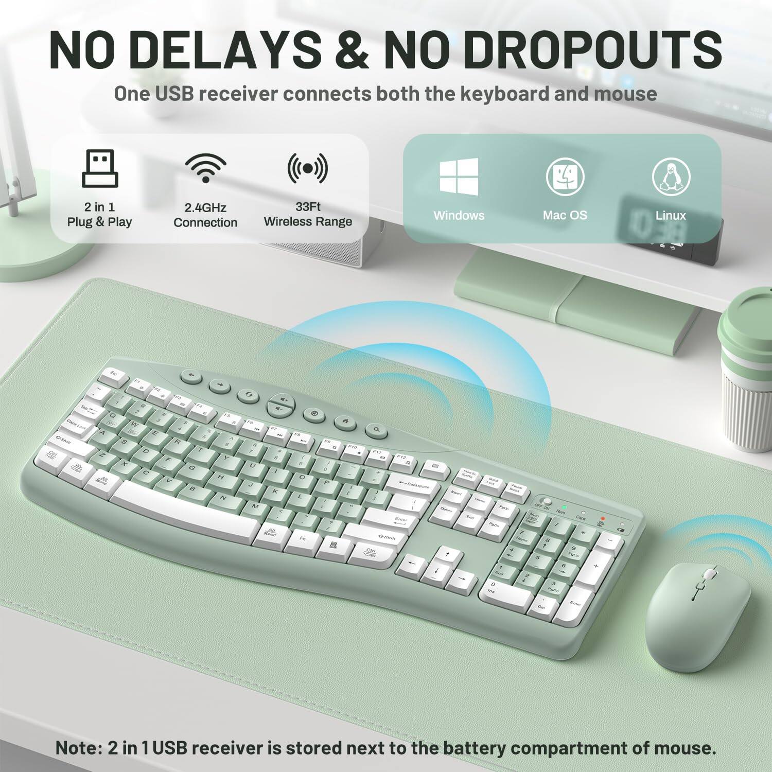 NO DELAYS & NO DROPOUTS  
One USB receiver connects both the keyboard and mouse

2 in 1 Plug & Play  
2.4GHz 33Ft Connection Wireless Range  
Windows  
Mac OS  
Linux  

Note: 2 in 1 USB receiver is stored next to the battery compartment of mouse.