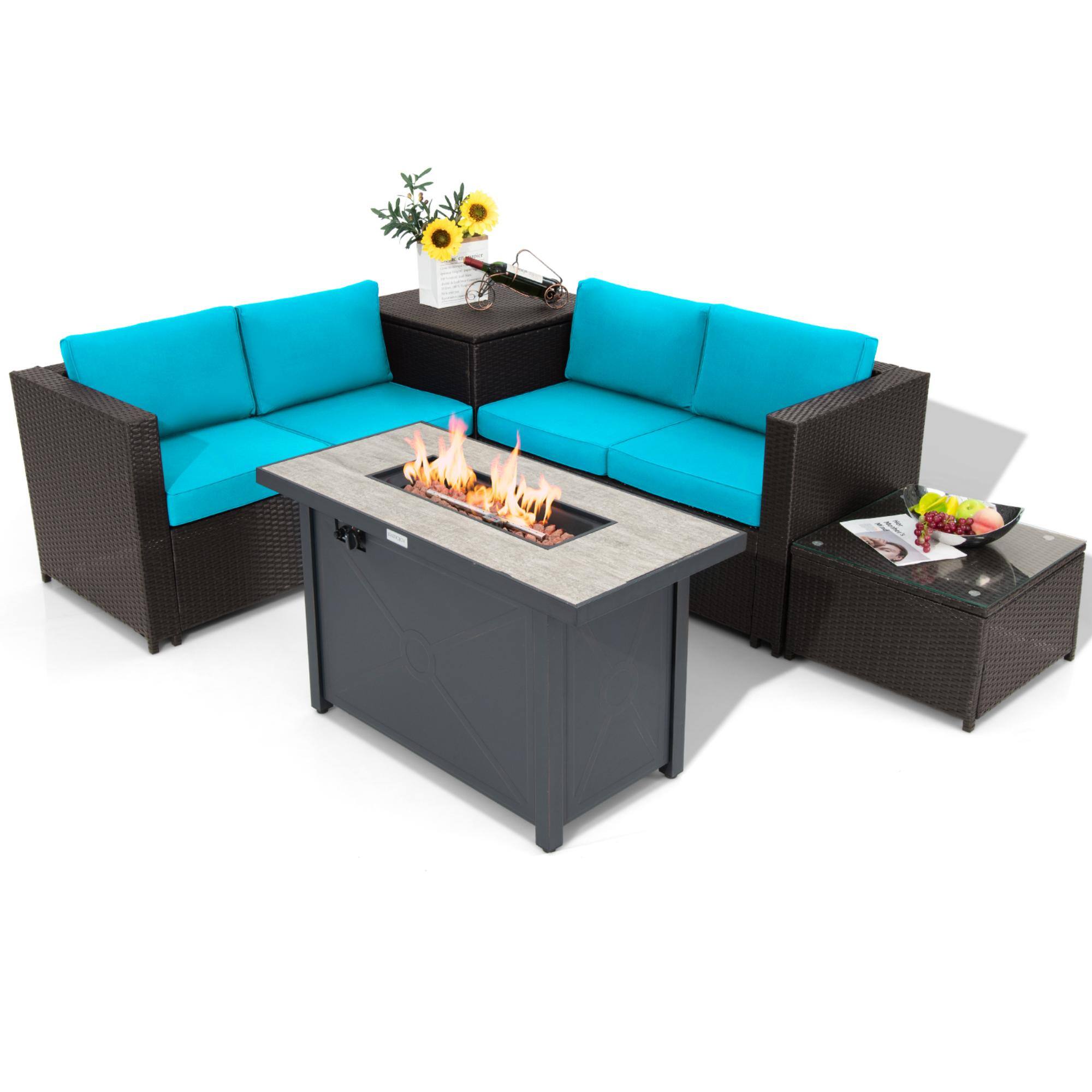 Alt View 1. Gymax - Gymax 5PCS Patio Rattan Furniture Set Fire Pit Table w/ Storage Cushion Turquoise - Turquoise.
