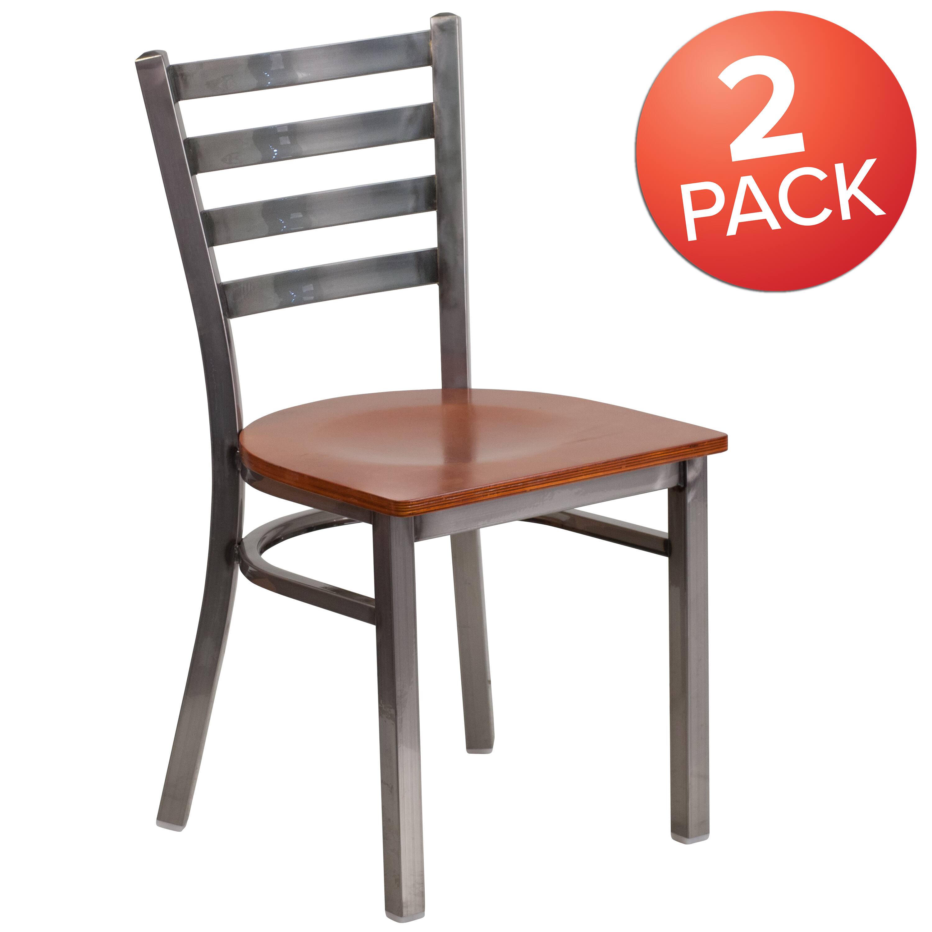 Alt View 1. Emma + Oliver - 2 Pack Clear Coated Ladder Back Metal Restaurant Chair - Cherry Wood Seat/Clear Coated Metal Frame.
