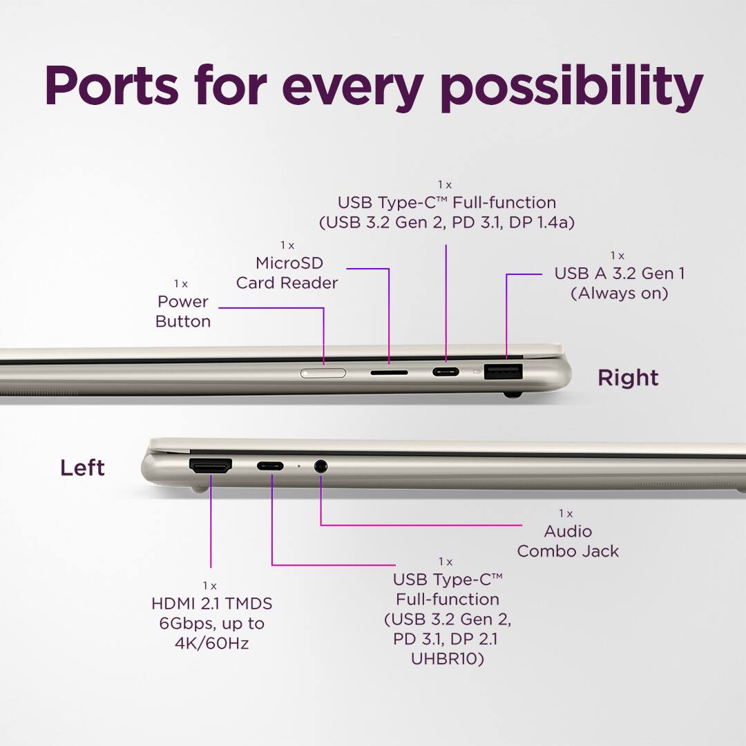 Ports for every possibility

1x USB Type-C™ Full-function (USB 3.2 Gen 2, PD 3.1, DP 1.4a)  
1x MicroSD USB A 3.2 Gen 1 Card Reader  
Power (Always on) Button  

Right  
Left  

1x HDMI 2.1 TMDS 6Gbps, up to 4K/60Hz  
1x Audio Combo Jack  
1x USB Type-C™ Full-function (USB 3.2 Gen 2, PD 3.1, DP 2.1 UHBR10)