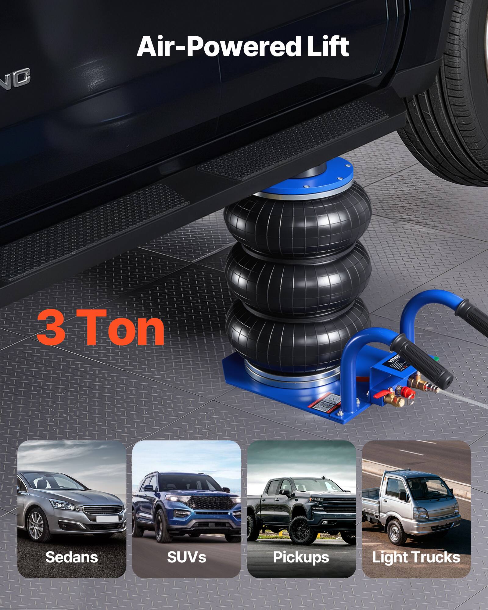 Air-Powered Lift  
3 Ton  
VEVOS i  
Sedans  
SUVs  
Pickups  
Light Trucks