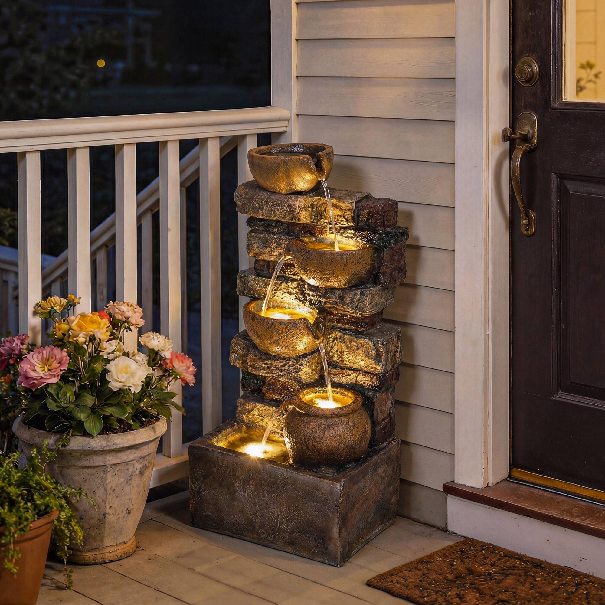 Alt View 8. Outsunny - 28" Outdoor Fountain with 5-Tier Rustic Jugs and Rock, Cascading Waterfall with LED Lights, Adjustable Flow.