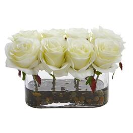 BreeBe - 5.5" Blooming Roses in Glass Vase Artificial Arrangement - White