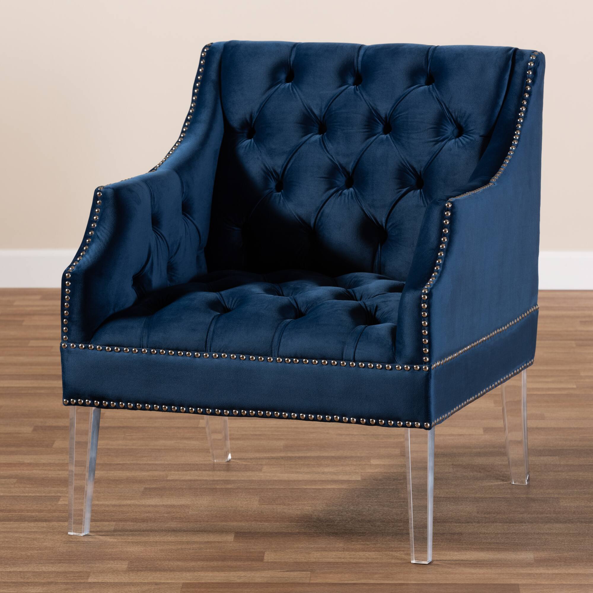 Alt View 4. Baxton Studio - Silvana Modern and Contemporary Velvet Fabric Upholstered Lounge Chair with Acrylic Legs - Navy Blue/Clear.
