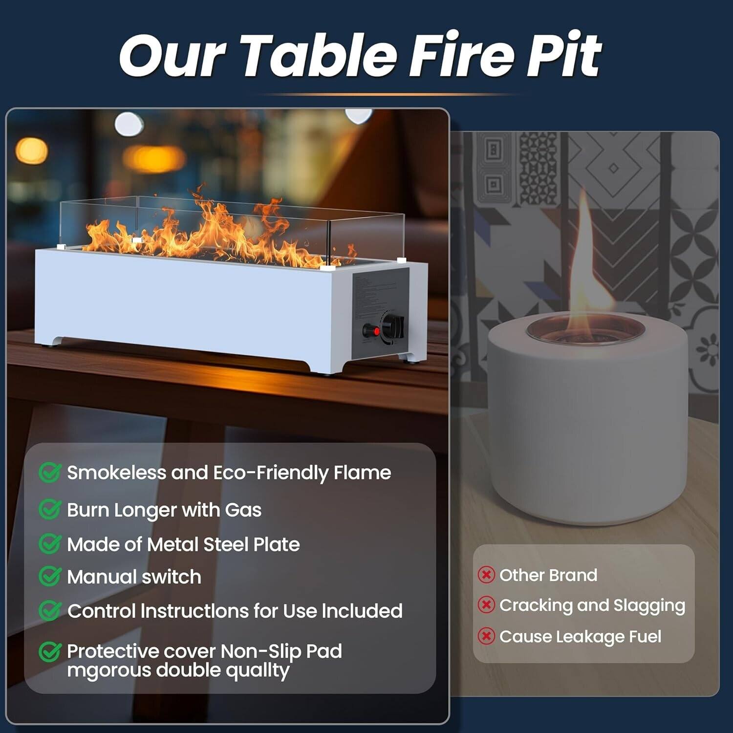 Our Table Fire Pit

- Smokeless and Eco-Friendly Flame
- Burn Longer with Gas
- Made of Metal Steel Plate
- Manual switch
- Control Instructions for Use Included
- Protective cover Non-Slip Pad
- Mgorous double quality

Other Brand
- Cracking and Slagging
- Cause Leakage Fuel