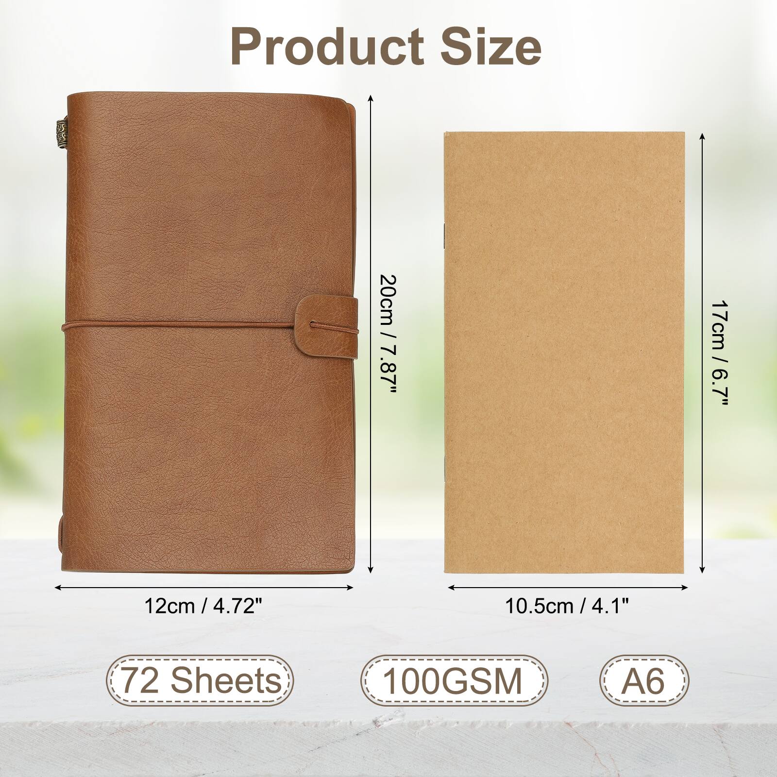 Product Size  
20cm / 7.87"  
17cm / 6.7"  
12cm / 4.72"  
10.5cm / 4.1"  
72 Sheets  
100GSM  
A6