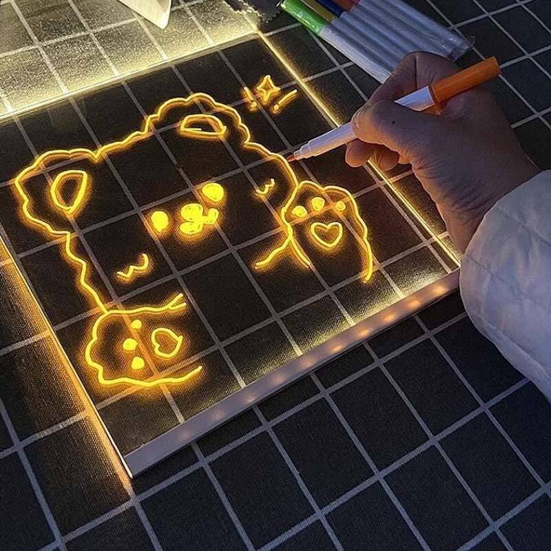 Back. Fabibe - Led Note Board With Colors Drawing Light Up Message 12" X 8" Clear Dry Erase And Christmas Gift 7 Pen - Small.