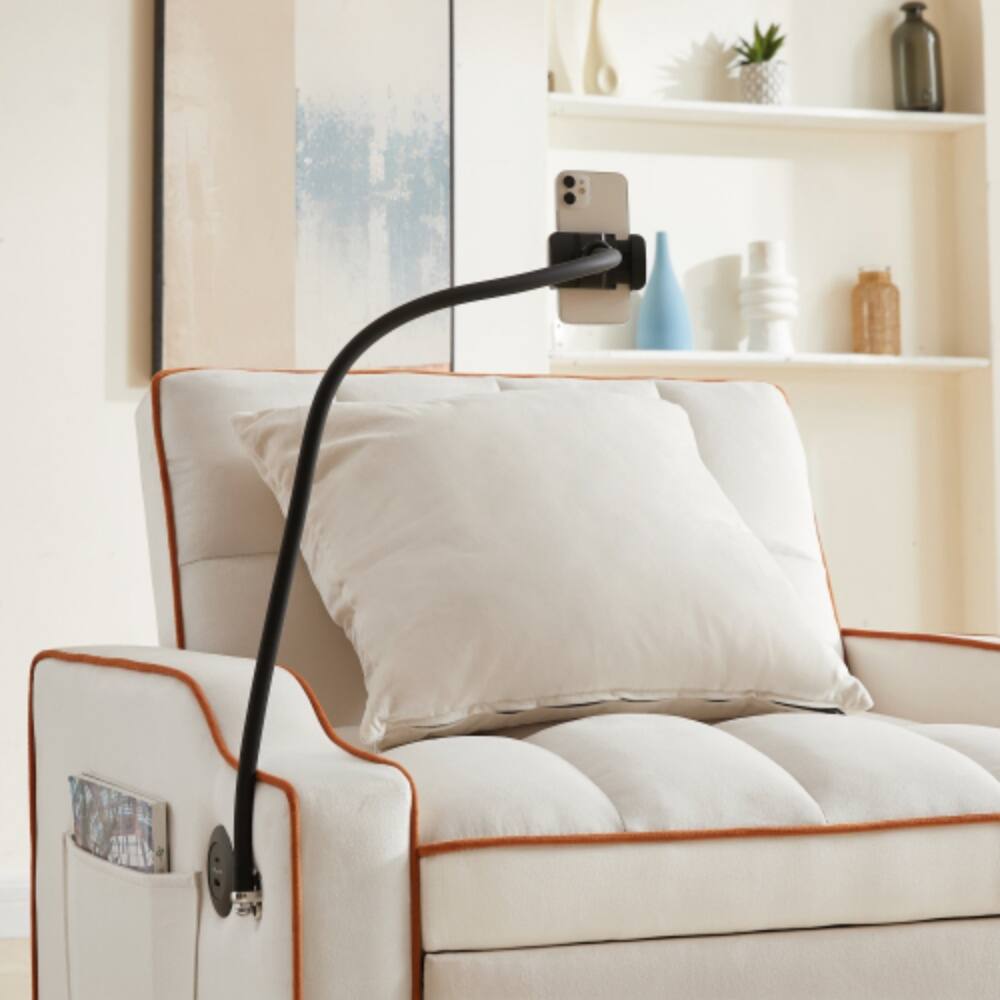 Back. LUCKY ONE - 3-in-1 Convertible Sleeper Sofa Chair Bed w/ USB Type-C Phone Holder Side Pockets - Beige.