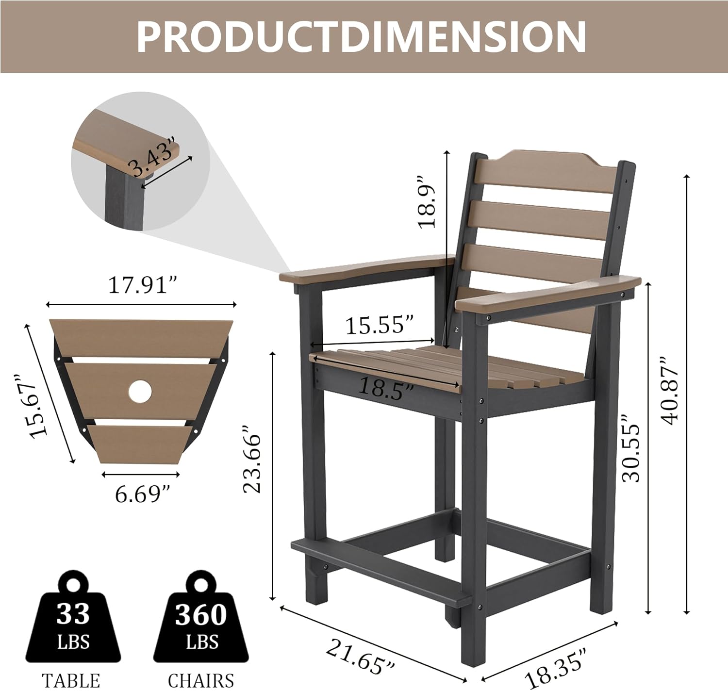 PRODUCTDIMENSION: 3.43", 18.9", 15.67", 17.91", 6.69", 23.66", 15.55", 18.5", 30.55", 40.87", 21.65", 18.35"

TABLE: 33 LBS
CHAIRS: 360 LBS