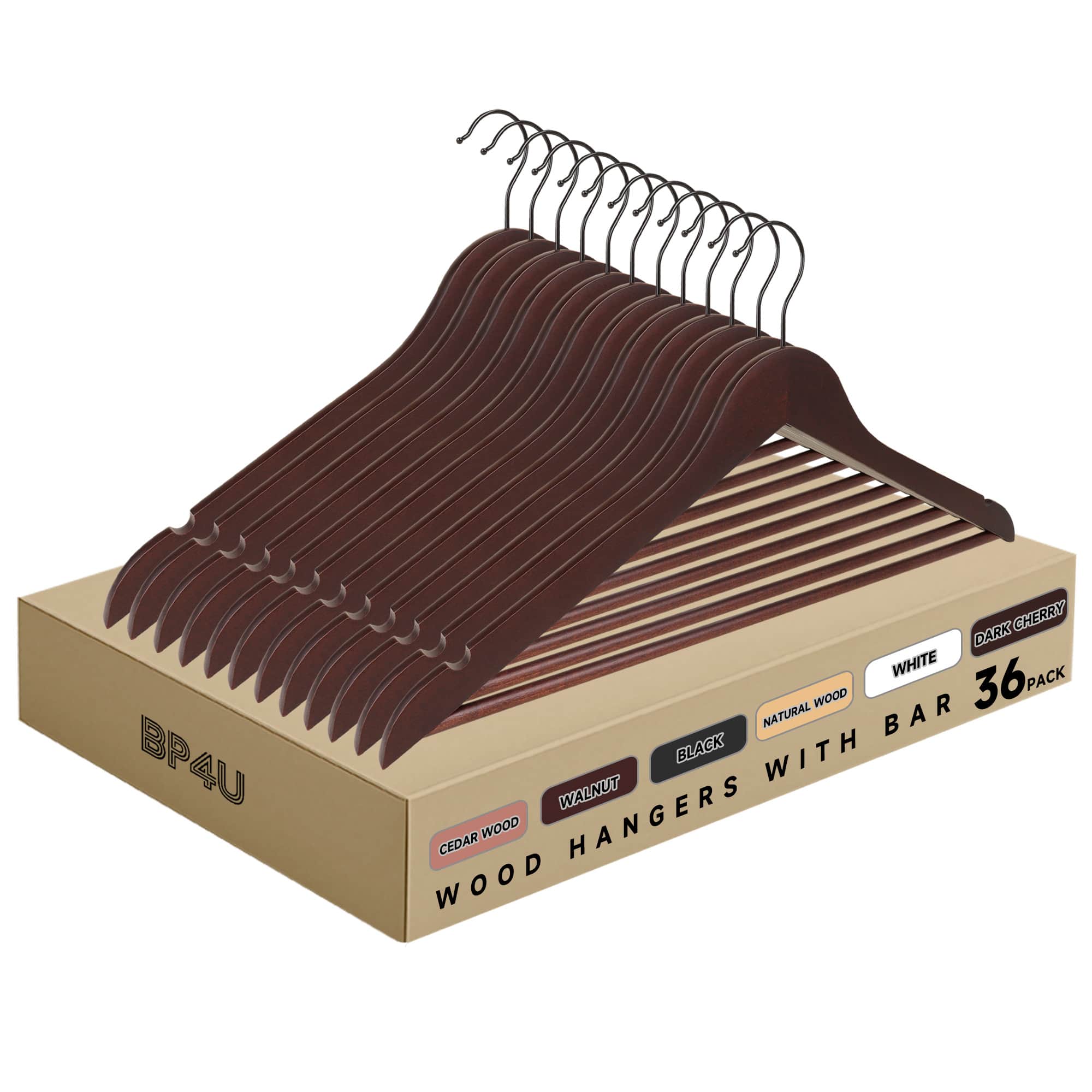 BP4U - 36-Pack Wooden Suit Coat Hangers with Pant Bar, Wood Clothes Hangers for Jackets, Shirts, Dresses, Trousers - Dark Cherry price history on PriceWatchPro