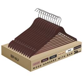 BP4U - 36-Pack Wooden Suit Coat Hangers with Pant Bar, Wood Clothes Hangers for Jackets, Shirts, Dresses, Trousers - Dark Cherry