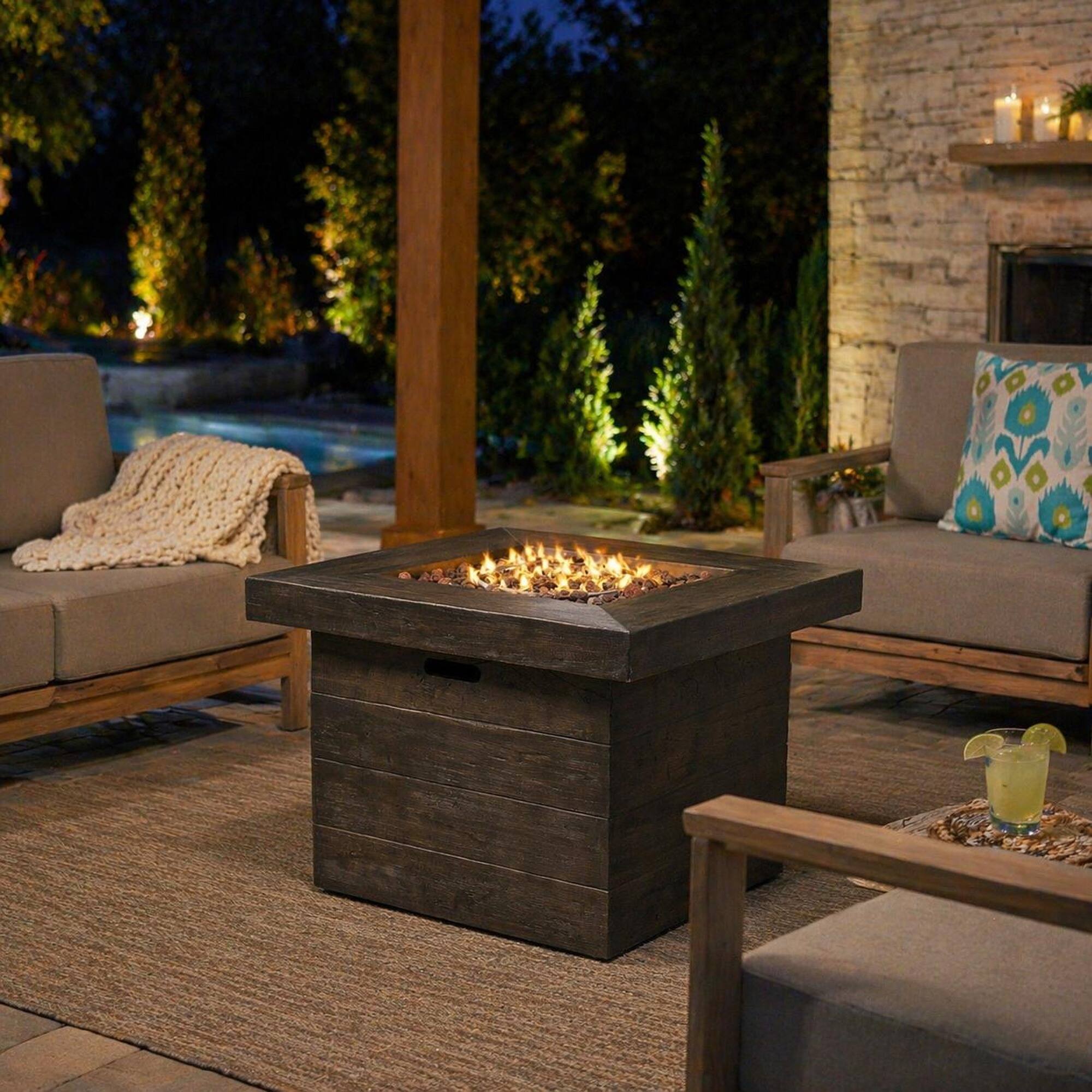 Left. RYHNUYNE - 32" Square MGO Fire Pit – 40,000 BTU Wood-Burning Outdoor Fireplace in Brown Finish for Patio, Backyard, Garden - Brown.