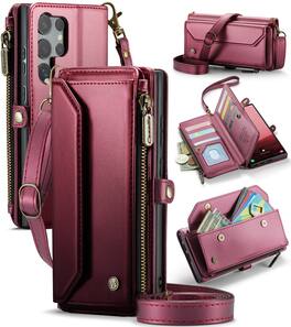 Dteck - Crossbody Wallet Case for Samsung Galaxy S25 Ultra with Card Slots and Zipper Pocket, RFID Blocking PU Leather Cover - Winered