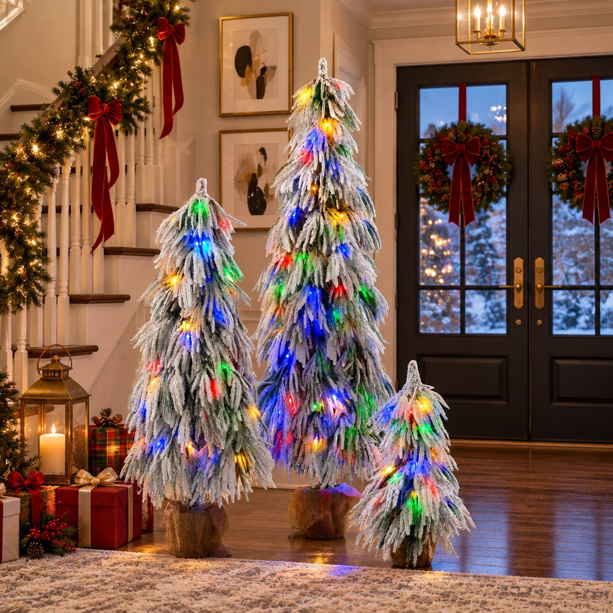 Alt View 2. RYHNUYNE - 3-Piece Pre-Lit Flocked Christmas Tree Set With 3FT 4.5FT 6FT Trees and 235 Warm White Multi-Color LED Lights - Green,White.