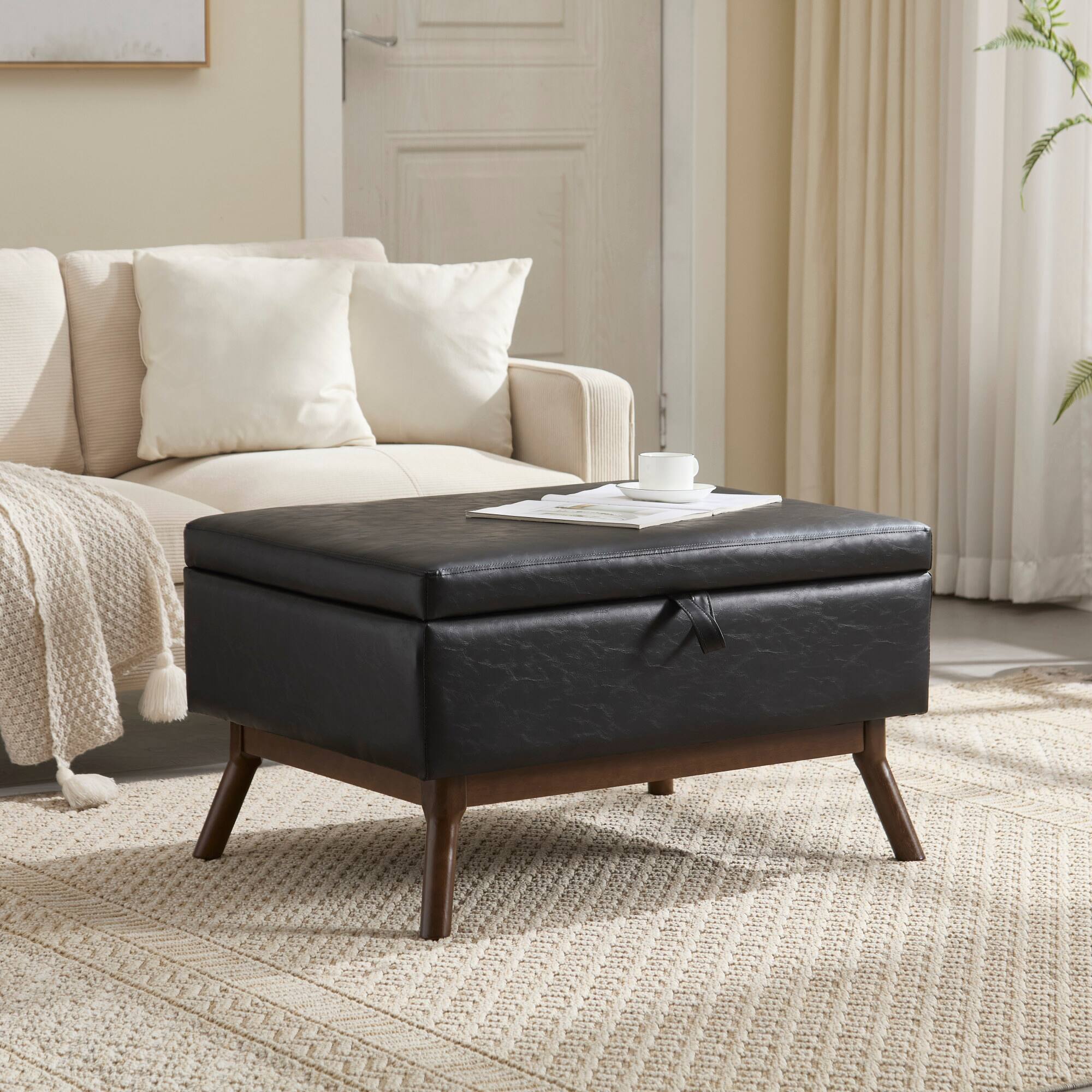 Alt View 5. GOODSILO - Mid-Century Modern Square Storage Ottoman Bench with Lift-Top Lid and Child Safety Hinge - Black PU.