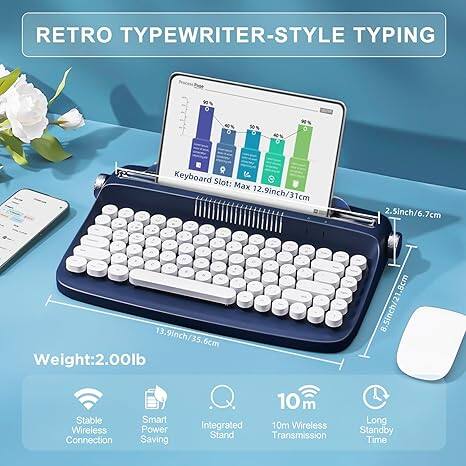 **Retro Typewriter-Style Typing**

- **Keyboard Slot:** Max 12.9 inches / 31 cm, 2.5 inches / 6.7 cm, 13.9 inches / 35.6 cm
- **Weight:** 2.00 lb
- **Stable Wireless Connection**
- **Smart Power Saving**
- **Integrated Stand**
- **10m Wireless Transmission**
- **Long Standby Time**