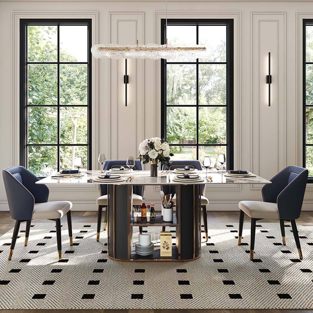Angle. POVISON - 71" Modern Dining Table with Storage for 6, Glossy White Sintered Stone Tabletop Space-Saving Kitchen Dining Room Table - Pandora & Black.