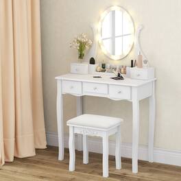 Gymax - Vanity Desk Set w/ Lighted Mirror Makeup Table Vanity Dresser w/ 10 LED Light Bulbs - White