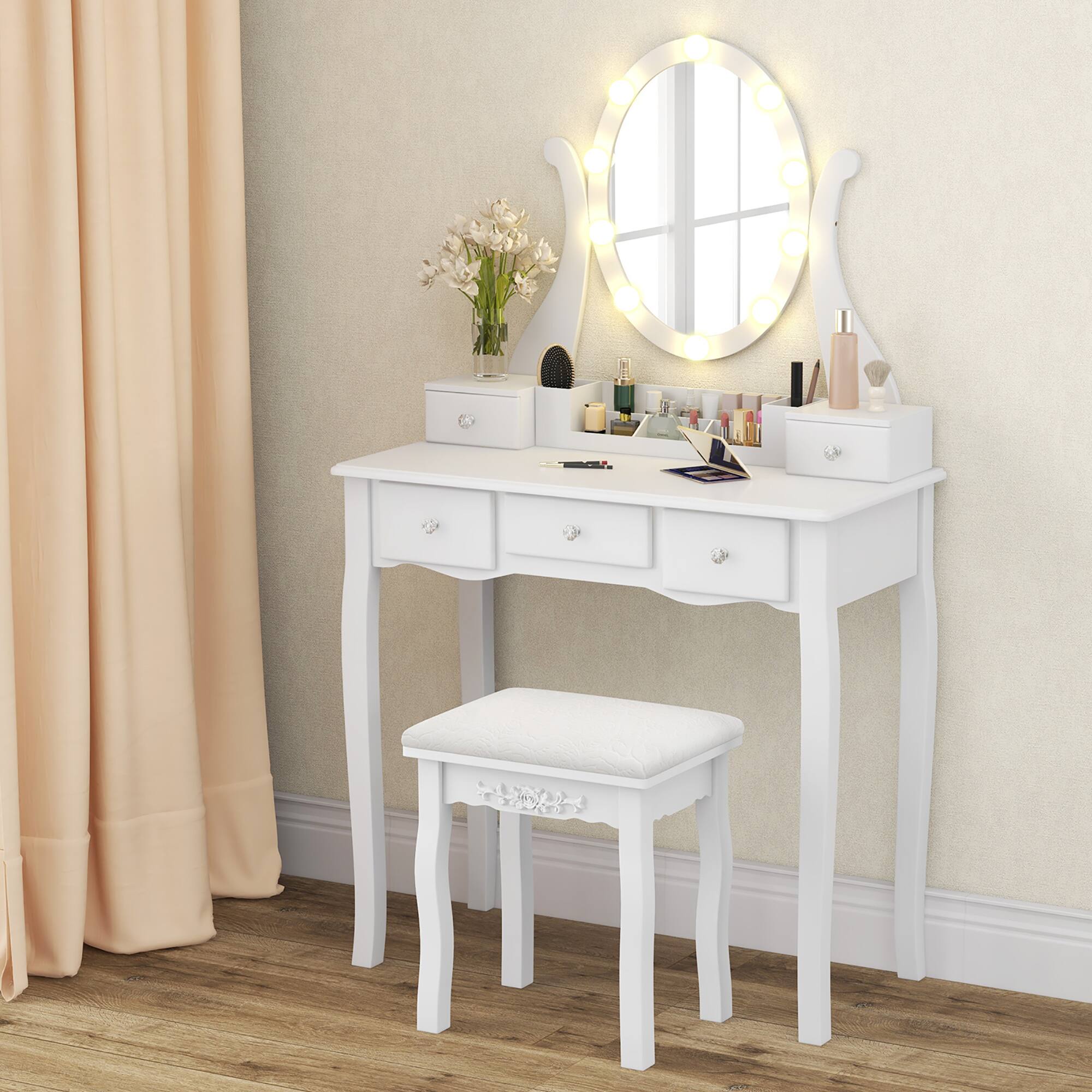 Front. Gymax - Gymax Vanity Desk Set w/ Lighted Mirror Makeup Table Vanity Dresser w/ 10 LED Light Bulbs White - White.