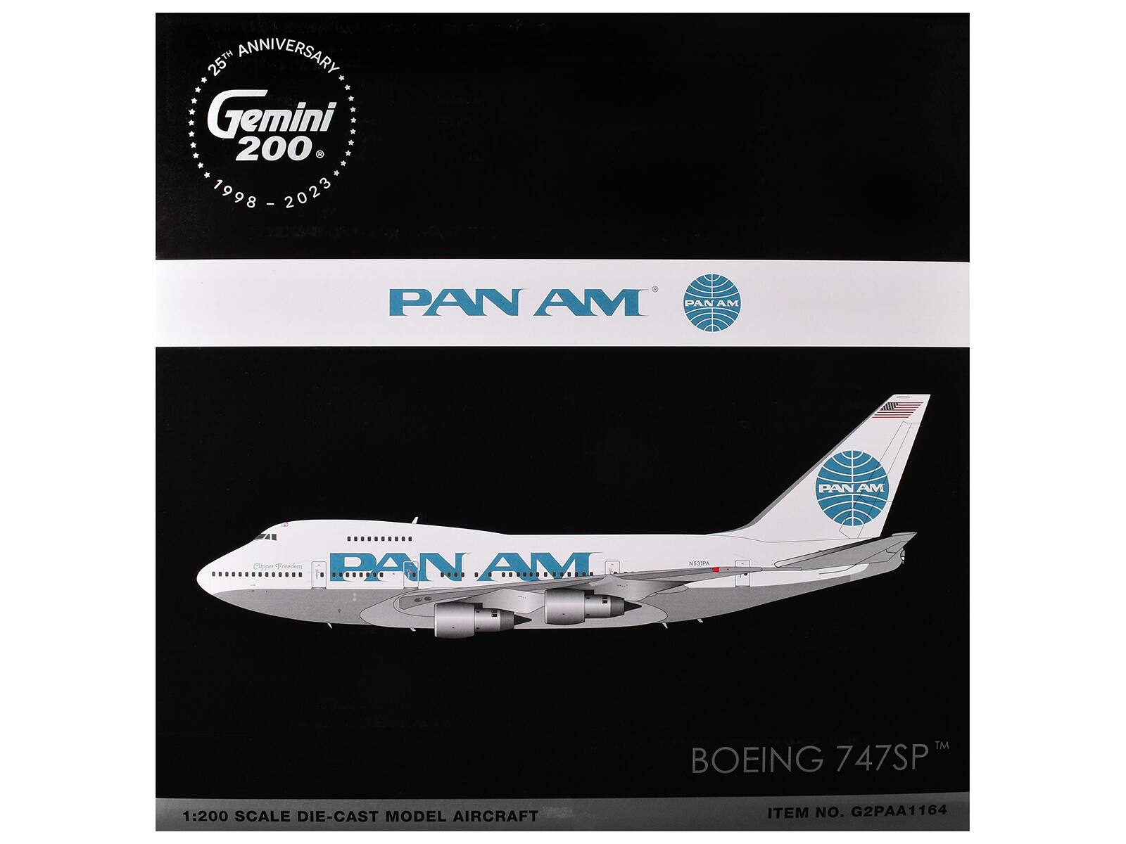 25th Anniversary  
Gemini 200  
1998 - 2023  

PAN AM  

1:200 Scale Die-Cast Model Aircraft  
Boeing 747SP  
Item No. G2PAA1164