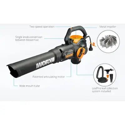 Worx TRIVAC 2.0 70 MPH 600 CFM Electric 12 Amp 3-in-1 Blower, Mulcher, Yard and Lawn Vacuum with Metal Impeller