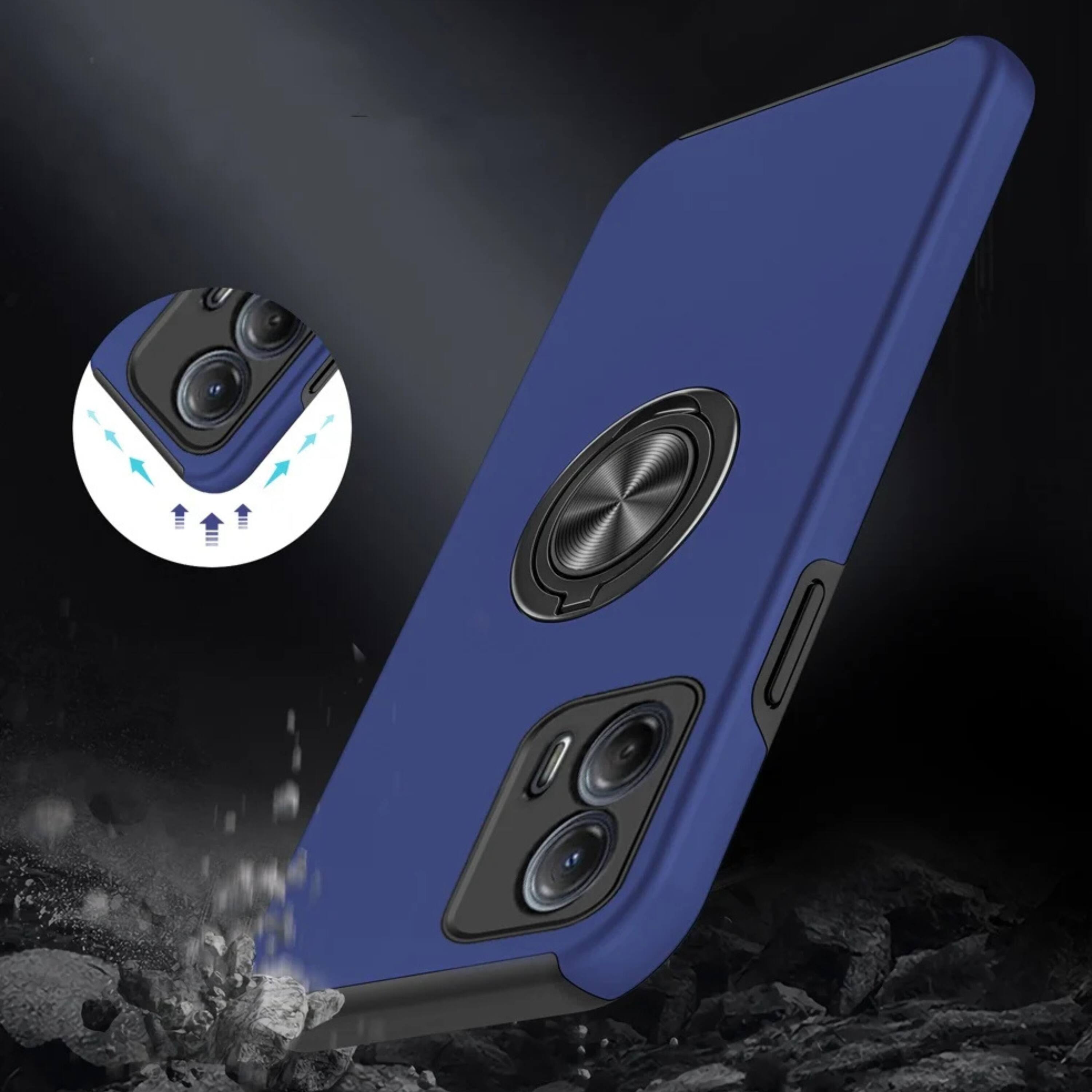 Angle. Kitcheniva - Rubber Dual Layer Case For Moto G Power 5G 2024 With Magnetic Ring Stand And Tempered Glass Blue - Dark Blue.