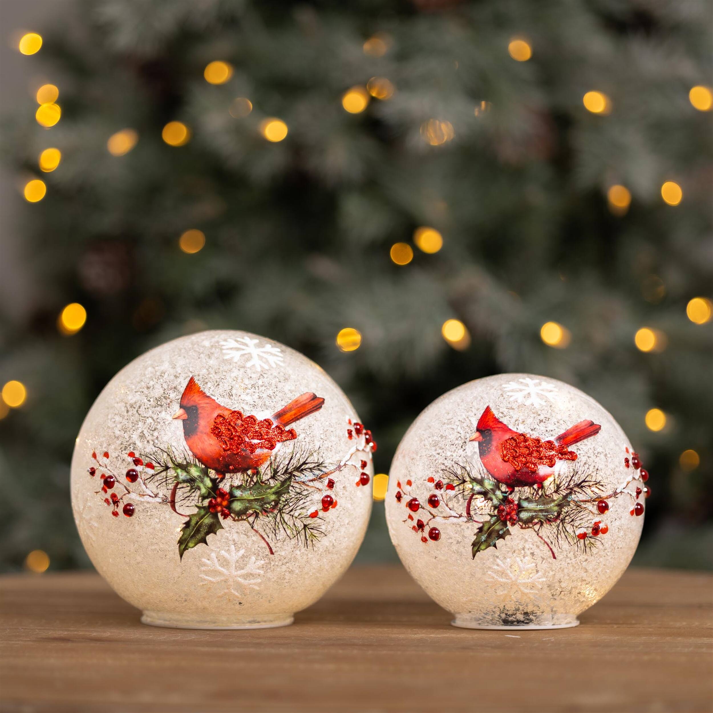 Angle. BreeBe - LED Frosted Cardinal Berry Globe (Set of 2) - Red, White.